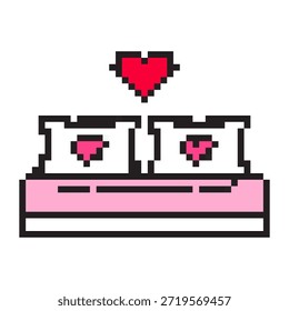 Pixel art cama doble con corazón para el día de San Valentín. Lindo dormitorio romántico de 8 bits, amor, relación, luna de miel, hotel, citas y noche de bodas para juego, App, pegatina, tarjeta y diseño de redes sociales