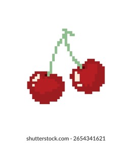 Pixel Art Double Cherry Linda ilustración de frutas de 8 bits para verano, juego o diseño Kawaii