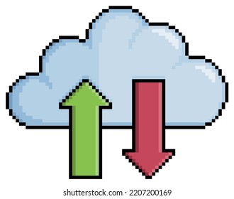 Pixel art download and upload to cloud, cloud data vector icon for 8bit game on white background