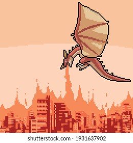 pixel art of dragon burning city