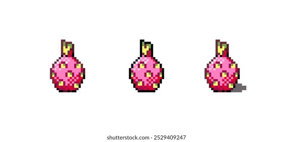 Pixel Art Dragão fruto Ícone Ilustração Vetor. Exótico Pitaya Fruit Graphic Isolated Sticker. Retro 8 Bit Tropical Pitahaya para Video Game, Mobile, Web. Food Digital Element. Ativo de arte digital