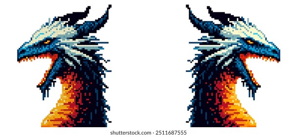 Pixel art dragon head: a majestic creature with bright blue and white scales, a fiery orange neck on a white background.