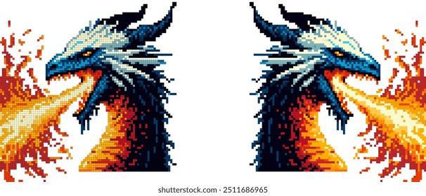 Un dragón de pixel art con cuernos afilados y escamas emite llamas vibrantes de su maw abierta contra un fondo llano.