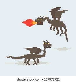 Pixel art dragons. Flying and throwing fire by  his mouth and walking