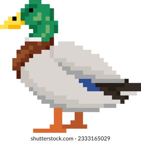 Pixel art drake. Waterfowl duck game asset. Animal vector illustration.