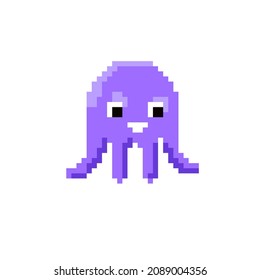 Pixel art drawing with cute violet octopus. Vector illustration