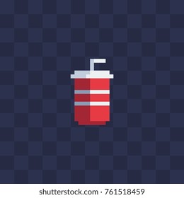 Pixel art drink soda plastic glass icon. Flat style. Fast food. 8-bit. Isolated vector illustration. 