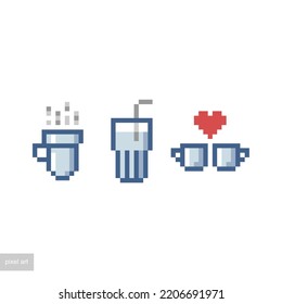 pixel art drinkware icons set