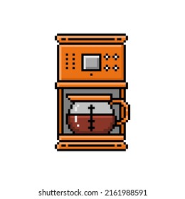 Pixel art drip coffee maker symbol isolated on white background. Small kitchen appliance icon. Old school vintage retro 80's, 90's 2d computer, video game, slot machine graphics. 8 bit cafe drink logo