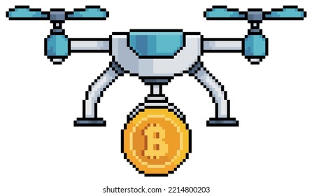 Pixel art drone with bitcoin vector icon for 8bit game on white background
