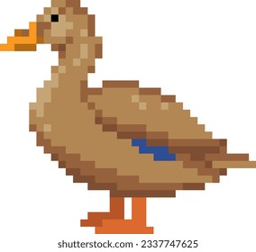 Pixel art duck. Bird retro video game asset. Animal vector illustration.