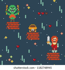 Pixel art dungeon battle of an old role-playing game, seamless pattern.