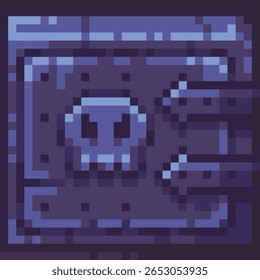 Pixel art dungeon door or gate with a glowing skull emblem and iron bars. Perfect for fantasy RPGs or rogue-like games.