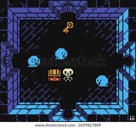 Pixel art dungeon room with a skeleton character, treasure chest, and ghost enemies. A golden key, puzzle or collectible. Retro 8-bit fantasy style with top-down view and vibrant limited palette.