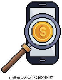 Pixel art earnings analysis with magnifying glass and cellphone vector icon for 8bit game on white background
