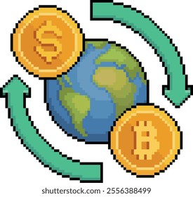 Pixel art of earth globe with dollar and bitcoin coin with green arrows around in 8-bit style