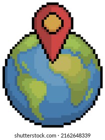 Pixel art Earth globe with GPS location icon vector for 8bit game on white background

