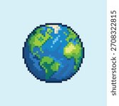 Pixel art earth globe icon. Vector 