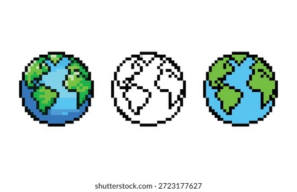 Pixel Art Earth Globe Icon Set con contorno y diseño plano