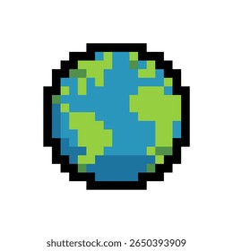 Um globo terrestre pixel art mostrando continentes verdes e oceanos azuis, ideal para conteúdo global, ambiental ou educacional.