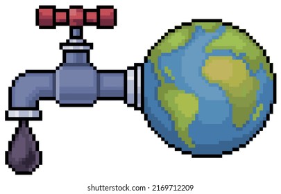 Pixel art earth with oil faucet vector icon for 8bit game on white background

