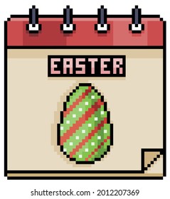 Pixel art easter holiday calendar. 8bit game icon on white background
