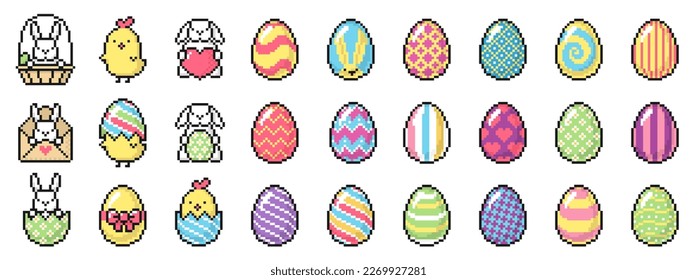 Iconos de Pascua de Pixel art - huevos de Pascua decorados, conejito, polluelo. Símbolos vectoriales aislados sobre fondo blanco. Perfecto para tarjetas de felicitación, invitaciones, iconos en sitios web y aplicaciones móviles