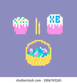 Pixel art Easter set of cake, basket and candle.