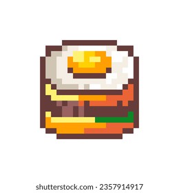 Pixel Art Egg Sandwich. Retro 8 bit Style Fast Food Breakfast Egg Burger Illustration. Ideal for Sticker, Retro Decorative Element, Game Asset, Emoji, Patch or Cute Geek Avatar.	