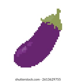 Pixel art eggplant. Pixelated game design for stickers, mobile app. Retro pixel art. Vector illustration on white background.