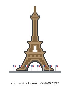 Pixel Art Eiffel Tower icon with French flag. Editable vector illustration on isolated background.