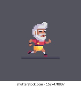 Pixel art elderly man goes in for sports. Running old man character. Cute vector illustration.