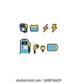 Pixel art electric car charger icon set.