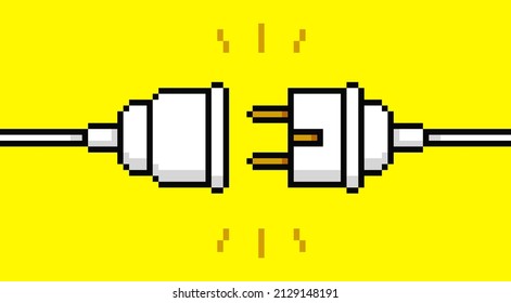 Pixel Art Electric Plug and Outlet Socket unplugged. Vector electric socket unplug or 404 error banner, lost connection, page not found vector pixel design in yellow background