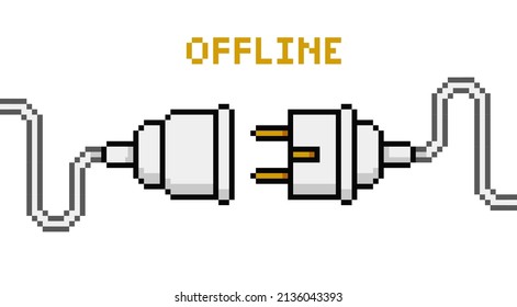 Pixel Art Electric Plug and Outlet Socket unplugged. Vector electric socket unplug or 404 error concept, lost connection, page not found. Pixel graphics design on white background