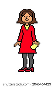 Pixel art elegant lady in a red dress with a clutch standing, 8 bit woman character isolated on white background. Old school vintage retro 80s, 90s 2d computer, video game, slot machine graphics.