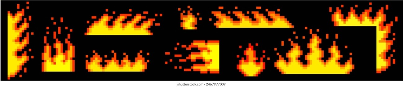 Pixel art element of fire and flame, burning effect for 8 bit 16 bit retro games. 