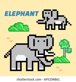 Pixel Art Elephant. Elements Design. Illustration and icon.