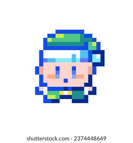 Pixel Art Elf Helper. Retro 8 bit Style Merry Christmas and Happy New Year Winter Holidays Character Illustration. Ideal for Sticker, Retro Decorative Element, Game Asset, Emoji, Cute Geek Avatar.	