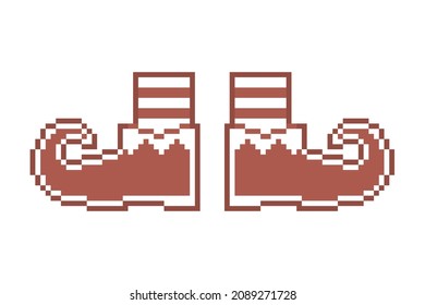 Pixel art elf shoes and striped stockings, gingerbread cookie decorated with white sugar icing, 8 bit food icon isolated on white background. Frosted biscuit. Christmas dessert. Winter holiday pastry.