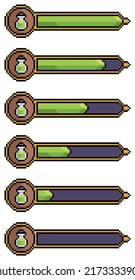 Pixel art elixir bar. green mana bar vector icon for 8bit game on white background
