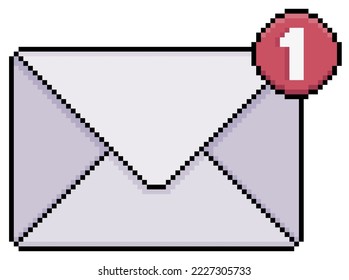 Pixel art email notification, envelope vector icon for 8bit game on white background 