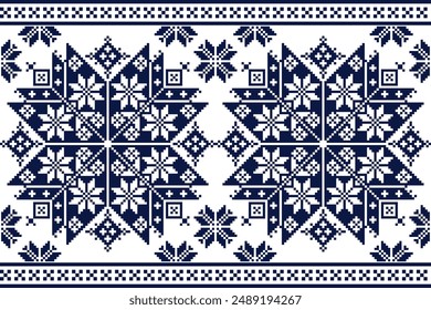 Pixel art embroidery pattern in blue and white colors.Repeating ukraine geometric pattern design with snowflakes, squares, and diamonds.Symmetrical and Clean.For use as background, wallpaper, textile.