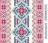 Pixel art embroidery pattern. Repeating Ukraine geometric pattern design with floral. Symmetrical and Clean. For use as neckline embroidery, neckline design, print, textile.