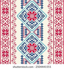 Pixel art embroidery pattern. Repeating Ukraine geometric pattern design with floral. Symmetrical and Clean. For use as neckline embroidery, neckline design, print, textile.