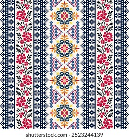 Pixel art embroidery pattern. Repeating Ukraine geometric pattern design with floral. Vintage vector, luxury elements. For use as neckline embroidery, neckline design, print, carpet, textile.