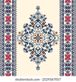 Patrón de bordado de arte de píxel. Diseño de patrón de ornamento ucraniano repetido con flores. Simétrico y limpio, fondo blanco. Para el uso como bordado del escote, diseño del escote, impresión, materia textil, alfombra.