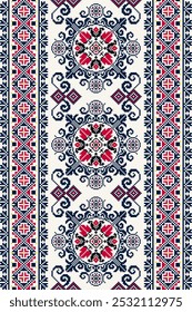 Pixel art embroidery pattern. Repeating Ukrainian ornament pattern design with floral. Symmetrical and Clean, white background. For use as neckline embroidery, neckline design, print, textile, carpet.