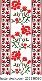 Pixel art embroidery pattern. Repeating Ukraine geometric pattern design with floral. Symmetrical and Clean. For use as neckline embroidery, neckline