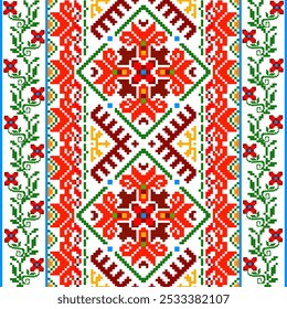 Pixel art embroidery pattern. Repeating Ukraine geometric pattern design with floral. Symmetrical and Clean. For use as neckline embroidery, Cross Stitch Pattern with Floral Designs